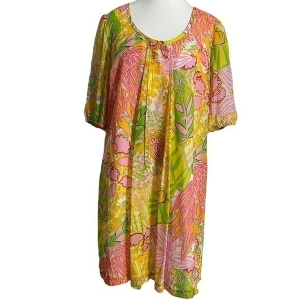 Trina Turk Yellow & Pink Colorful Floral Print Silk Mini Dress